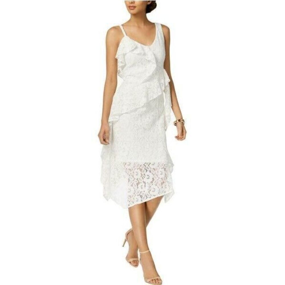 NWT Sz 10 (XL) Taylor White Ruffled Sleeveless Special Occasion Midi Dress New